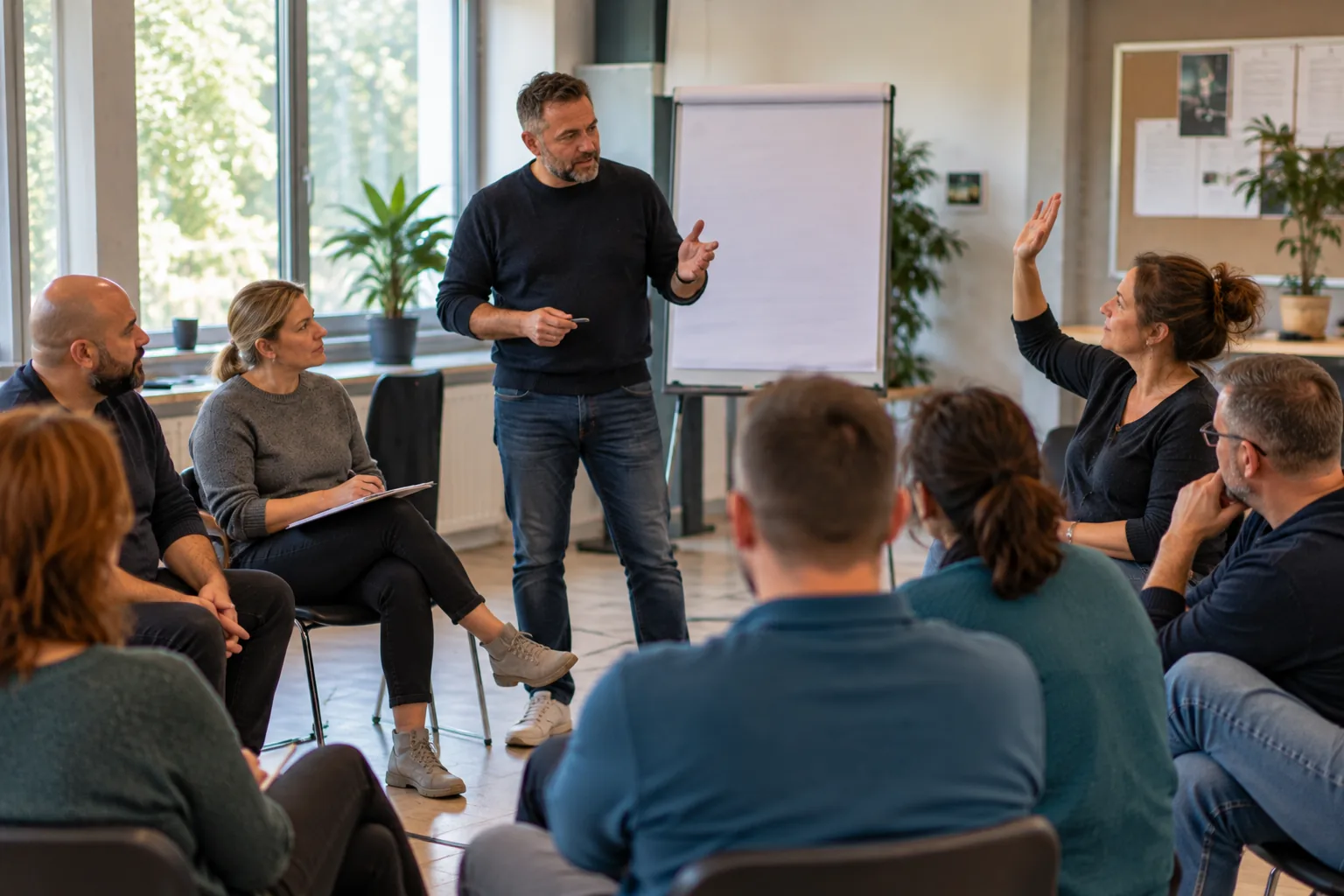 Ausbildung im Seminarraum: Ein Ausbilder erklärt einer Gruppe eine Gesprächssituation