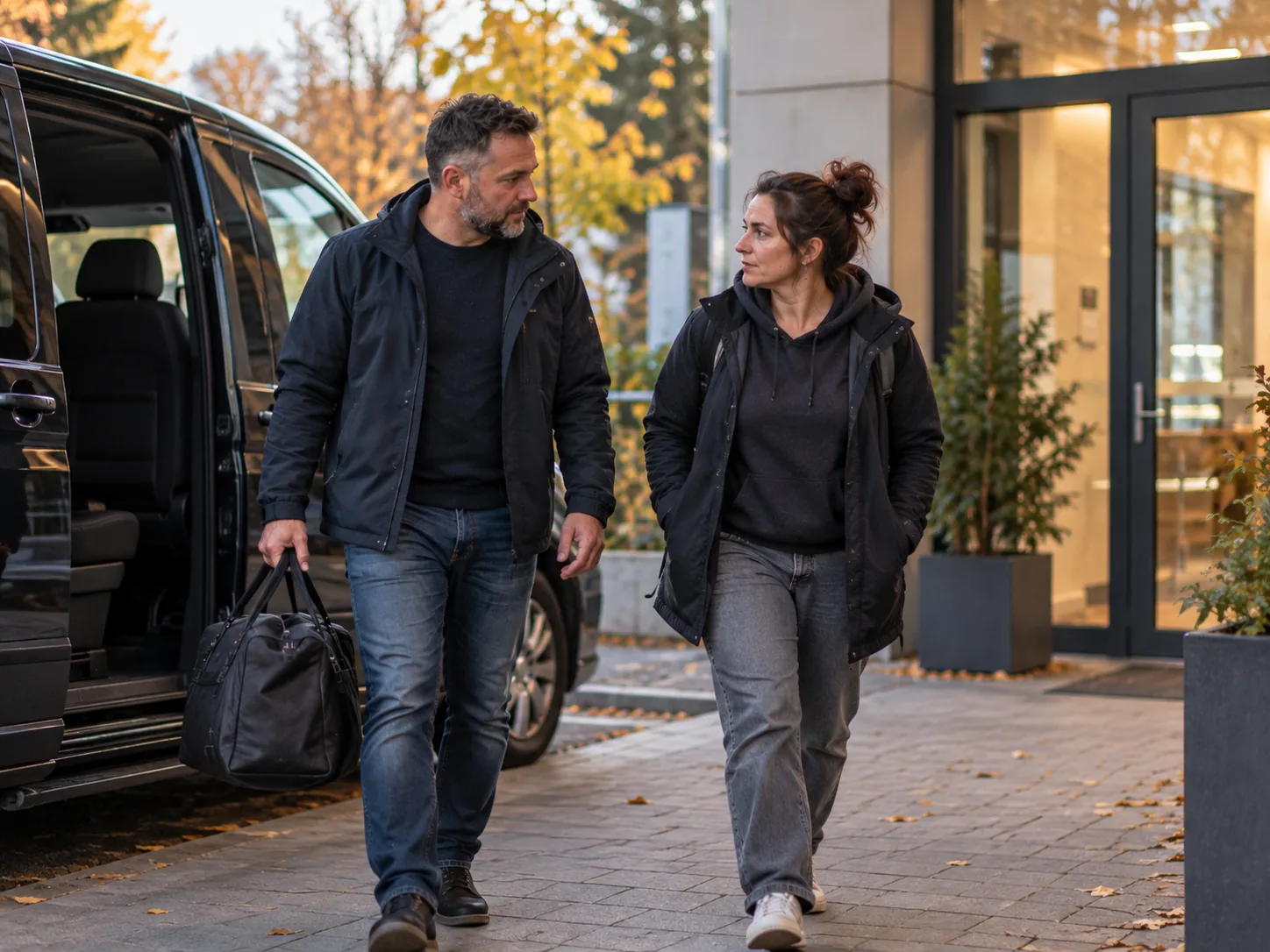 Zwei Begleitpersonen gehen vom Fahrzeug zum Eingang einer Einrichtung