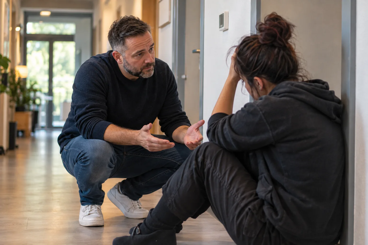 Eine Fachkraft spricht ruhig und mit offenen Händen mit einer aufgewühlten Person im Flur